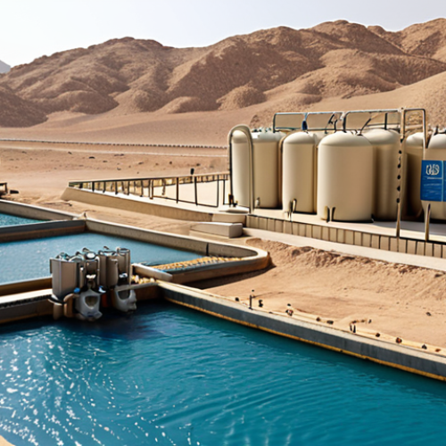 Home 15 **
A modern brackish water treatment plant in the Middle East, showcasing filtration and reverse osmosis technology. Focus on the clean water output and the desert landscape in the background. Include Arabic script signage and a sense of technological advancement.
**