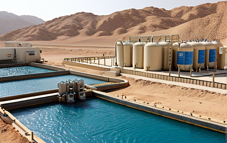 **
A modern brackish water treatment plant in the Middle East, showcasing filtration and reverse osmosis technology. Focus on the clean water output and the desert landscape in the background. Include Arabic script signage and a sense of technological advancement.
**