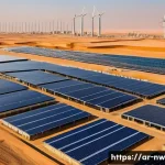 Home 18 첨단 담수화 기술의 미래 예측 - A modern water desalination plant in a Middle Eastern desert setting during golden hour, featuring a...