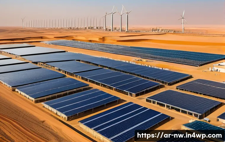 첨단 담수화 기술의 미래 예측 - A modern water desalination plant in a Middle Eastern desert setting during golden hour, featuring a...