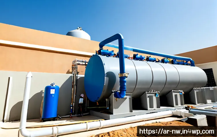 담수화 시스템 설치 시 고려 사항 - Photorealistic wide-angle view of a modern seawater desalination system being installed beside a Gul...