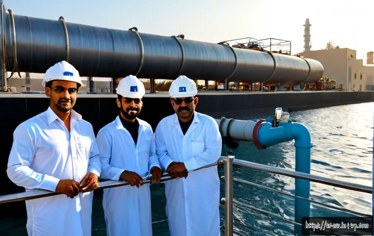 담수화 기술과 물 관련 스타트업 - Photorealistic coastal desalination startup facility in a modern Gulf city, Arab engineers in modest...